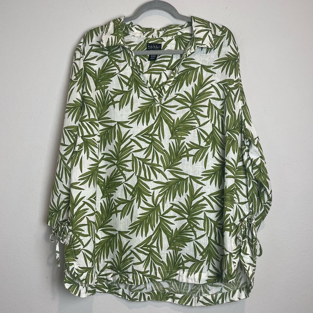 Nicole Miller 2X 100% Linen Collared Split V-Neck Blouse Tropical Leaves Print